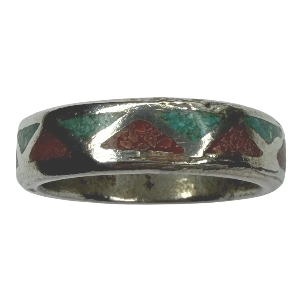 Vintage Band Ring Nickel Silver Size 14 Turquoise Coral Chip Inlay